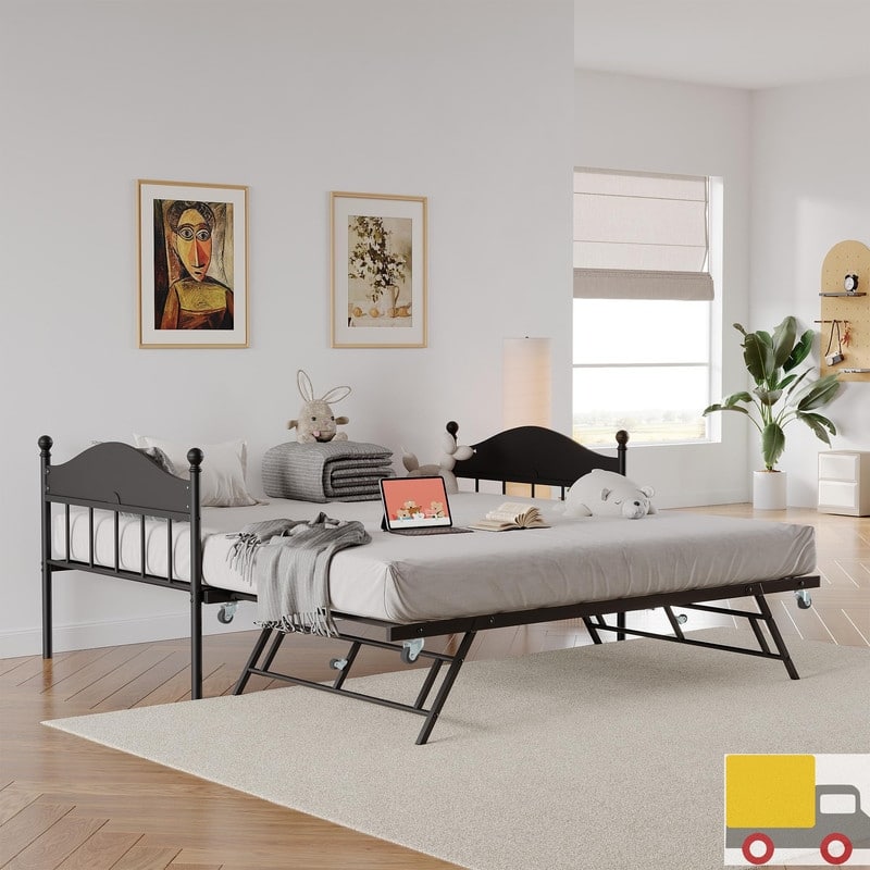 Twin Metal Daybed with Pop-Up Trundle, Lockable Casters