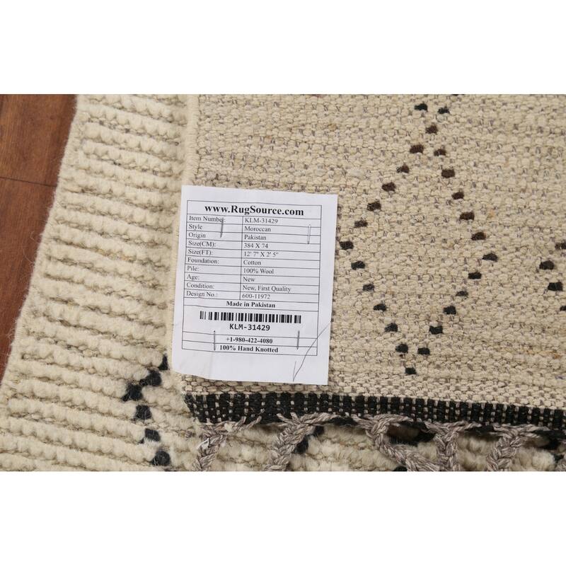 Ivory Trellis Moroccan Modern Runner Rug Handmade Wool Carpet - 2'5"x 12'7"