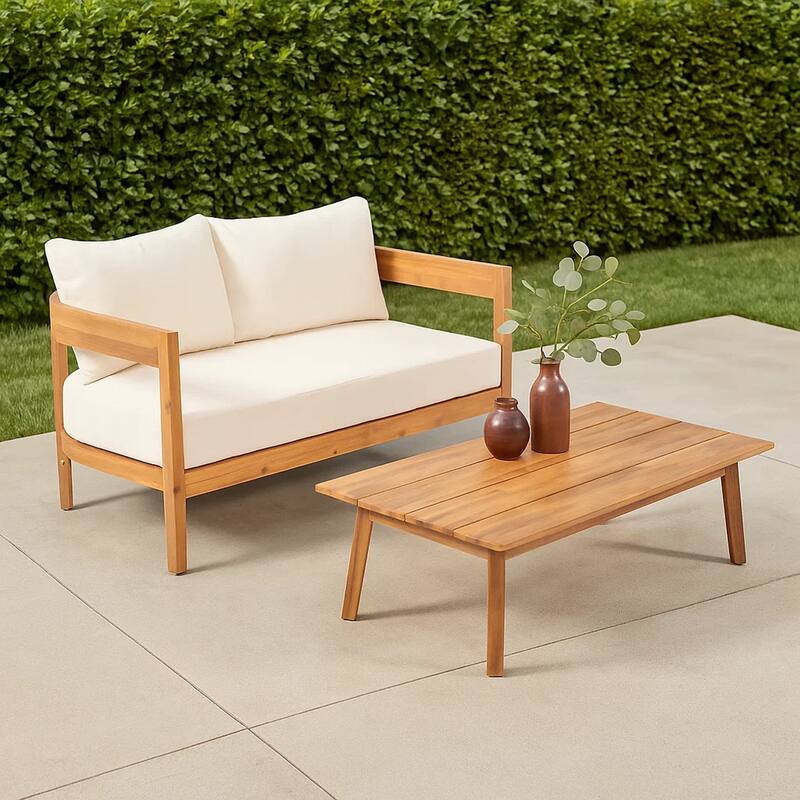 Loveseat and Coffee Table Outdoor Set, Slatted Brown Acacia Wood