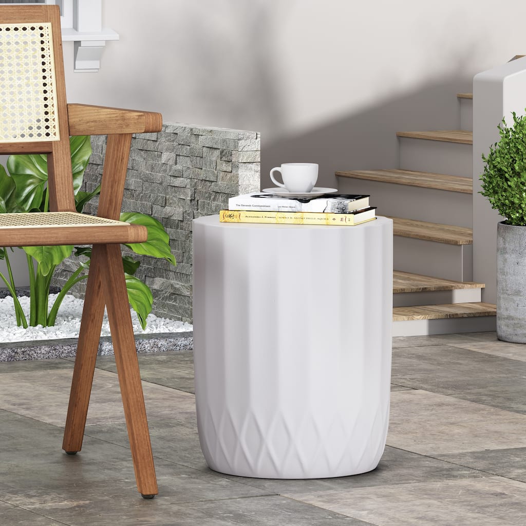 Roomfitters Outdoor Lightweight Concrete End Table, Round Accent Side Table with Textured Design, Antique White