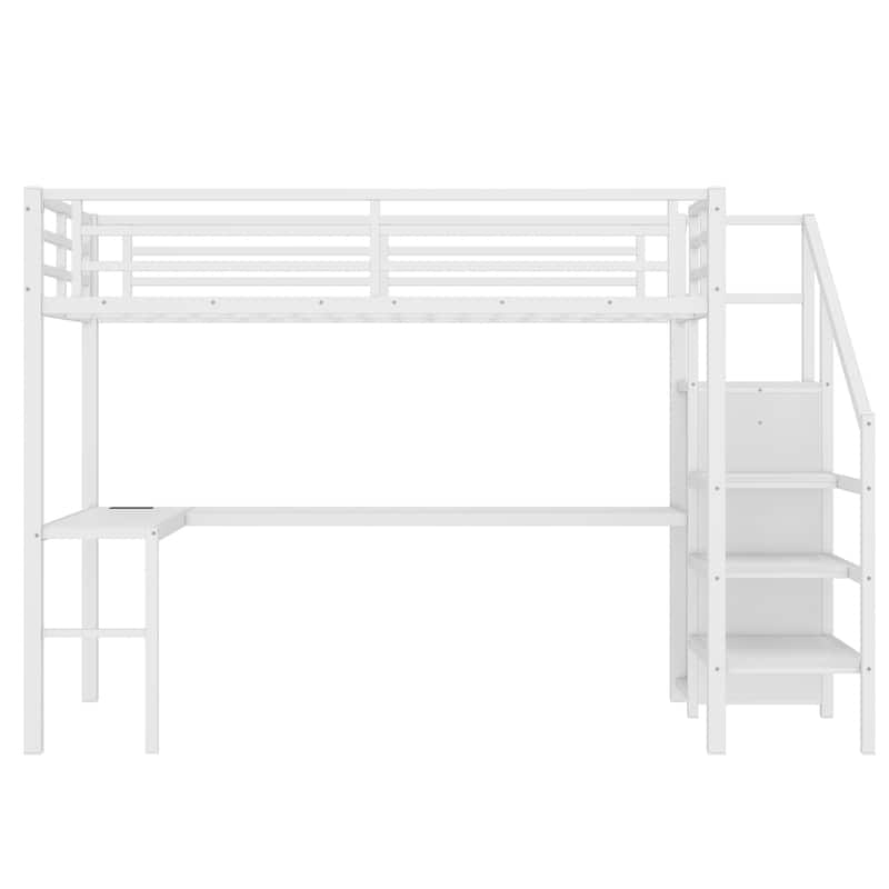 Metal Loft Bed with L-shaped Desk, Wardrobe and LED