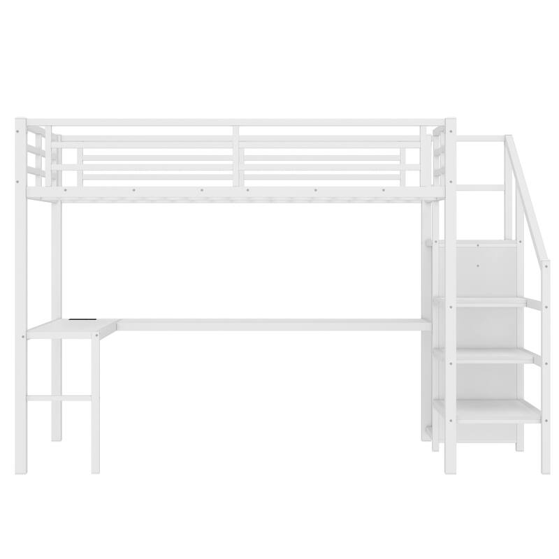 Roomfitters Full/Twin Size Metal Loft Bed with L-Shaped Desk, USB Ports, LED Lighting & Adjustable Shelves, White