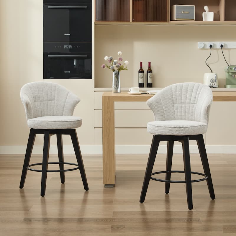 Chenille Upholstery Wing Back Swivel Bar Stools w/ Wood Legs(Set of 2)