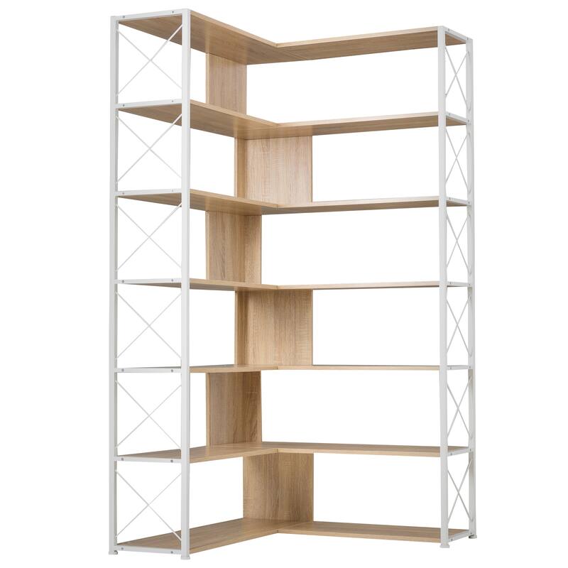 7-Tier L-Shaped Corner Bookshelf with Metal Frame and Open Storage