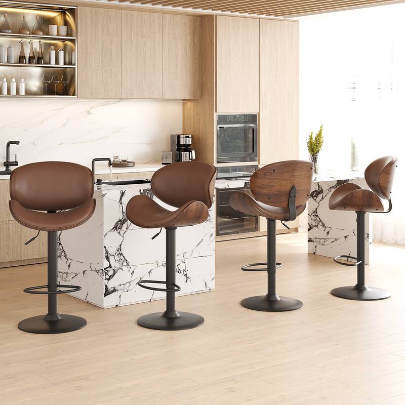 Swivel Bar Stools Set of 2 Adjustable Height Bentwood Barstools with PU Leather Upholstered Seat