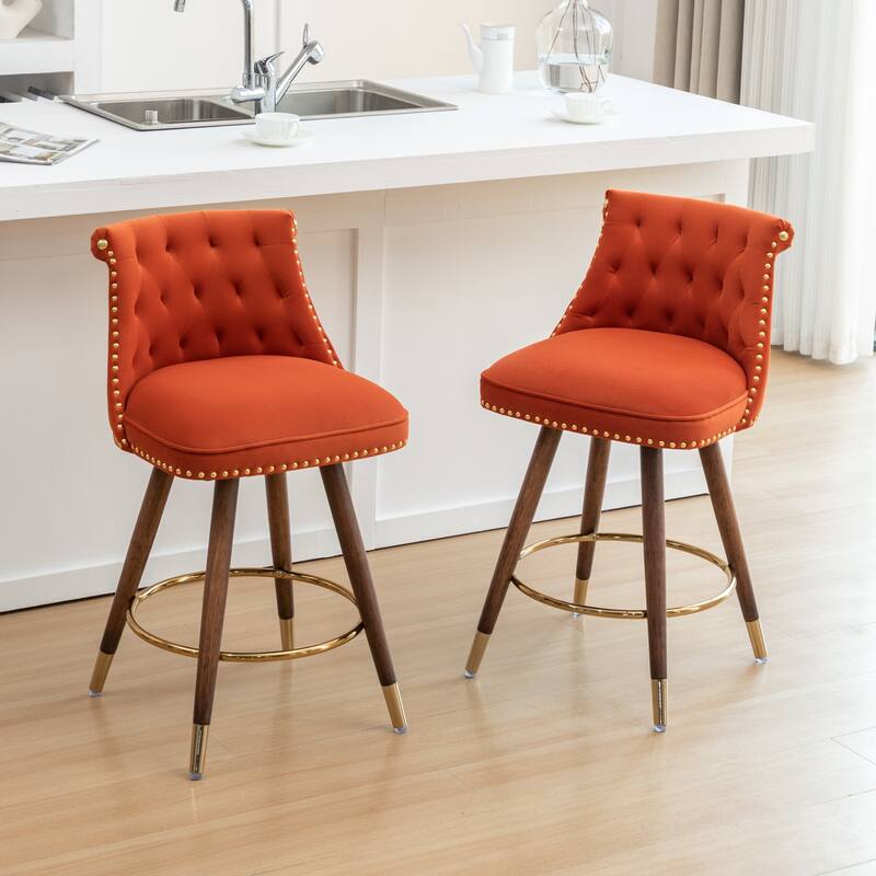 Set of 2 Button-Tufted Counter Stools with Nailhead Trim - Orange