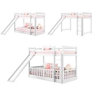 Twin Over Twin Wood Bunk Bed with Slide and Ladder, White - Bed Bath ...