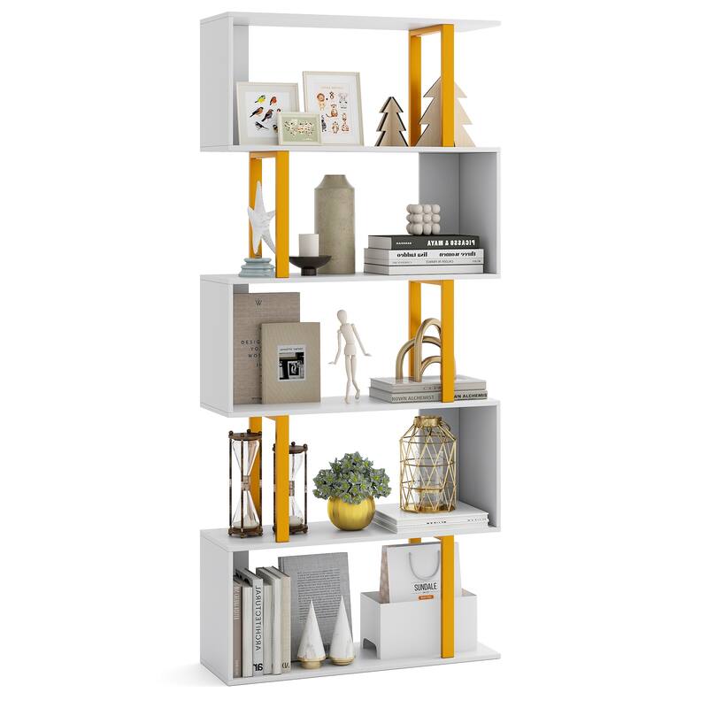Gymax 5-Tier Geometric Bookcase 62-Inch S-Shaped Bookshelf w/ Metal - White