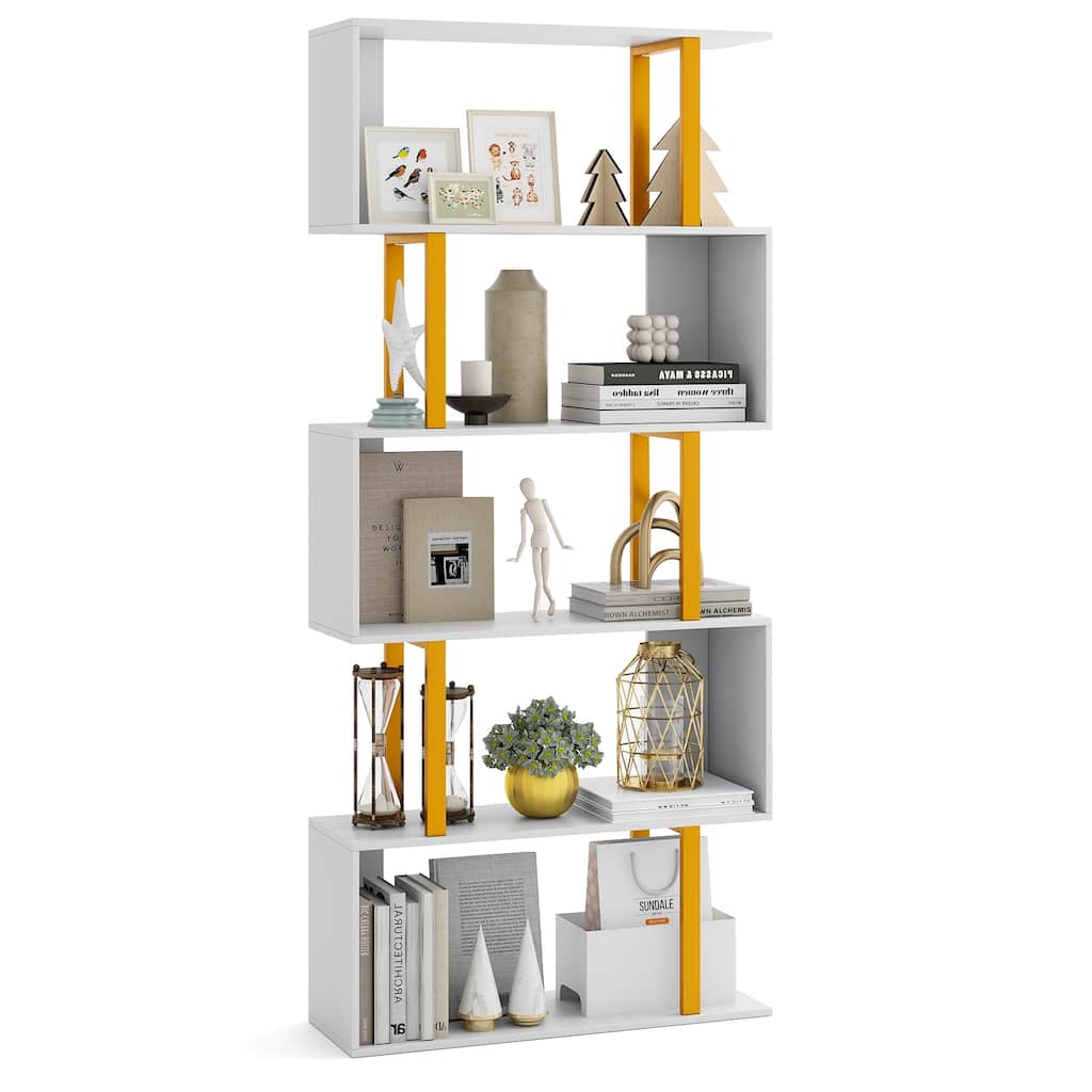 Gymax 5-Tier Geometric Bookcase 62-Inch S-Shaped Bookshelf w/ Metal