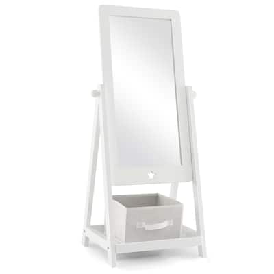 Kids Full Length Wooden Standing Mirror with Bottom Shelf and Foldable Storage Bin-White - 17.5"L x 15.5"W x 44"H
