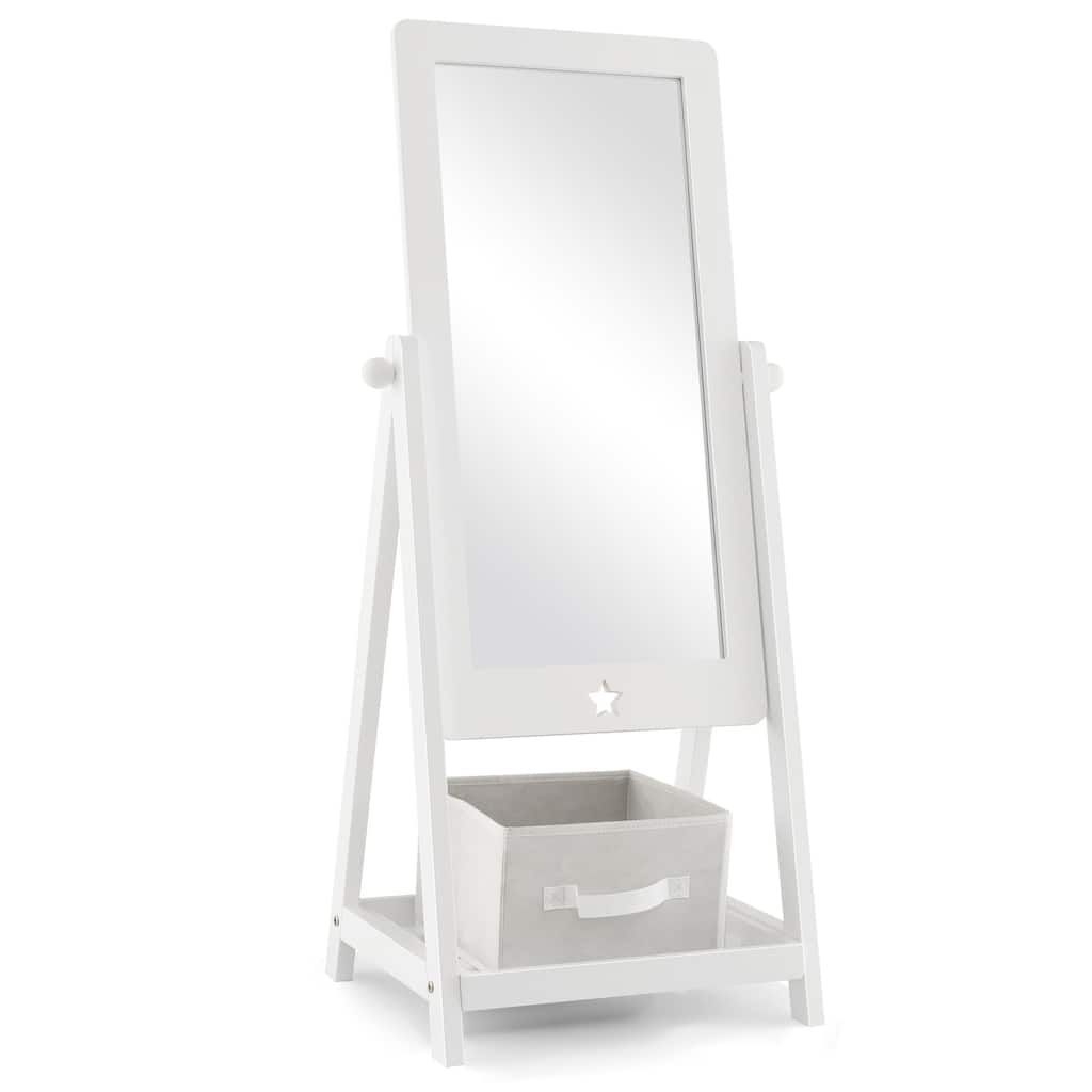 Kids Full Length Wooden Standing Mirror with Bottom Shelf and Foldable Storage Bin-White - 17.5"L x 15.5"W x 44"H