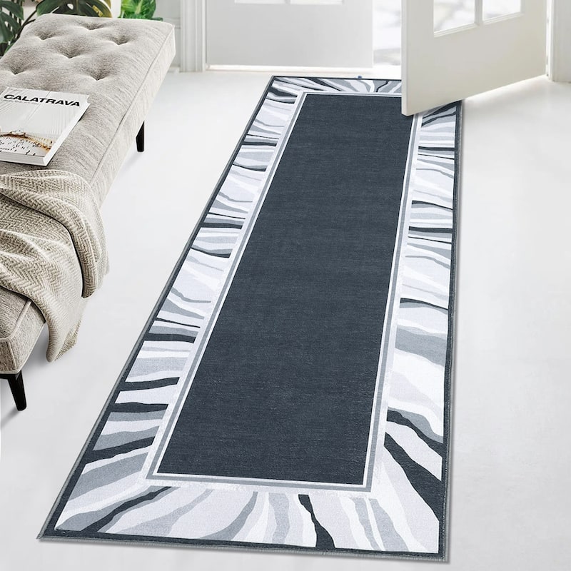 Modern Bordered Area Rugs for Living Room Bedroom Low Pile Non-Slip Rug Carpet - 2'x6' - Grey