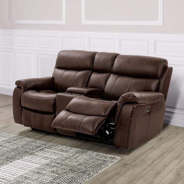 slide 2 of 10, Furniture of America Yemi Brown Leather Power Recline Loveseat with USB Charger and Console Brown