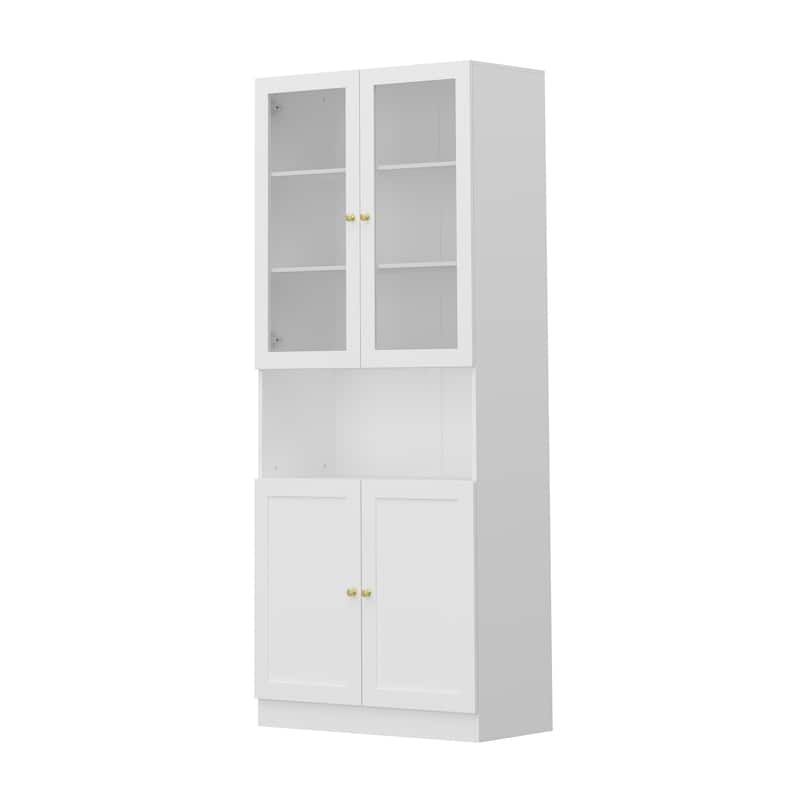 Bookcase Display Cupboard Curio Cabinet 2 Glass Door White Lacquer - 70.9"Hx31.5"W