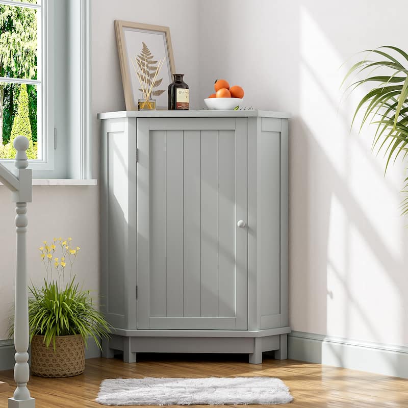 Bathroom Corner Storage Cabinet, Wood Single Door Corner Cabinet, Freestanding Organizer with Adjustable Shelves - Gray