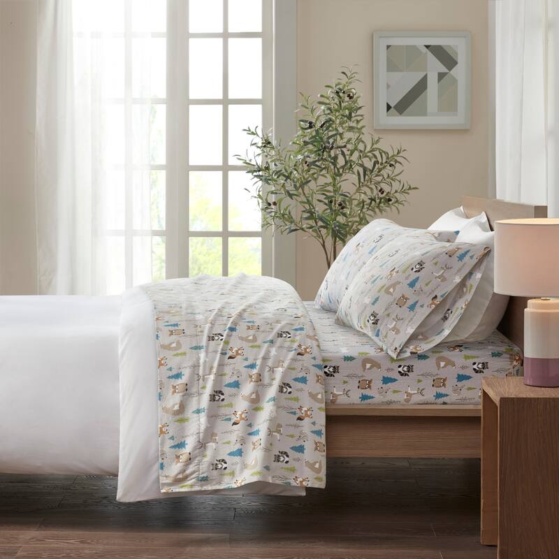 Madison Park Cozy Cotton Flannel Printed Sheet Set - Twin - Multi Forest Animals