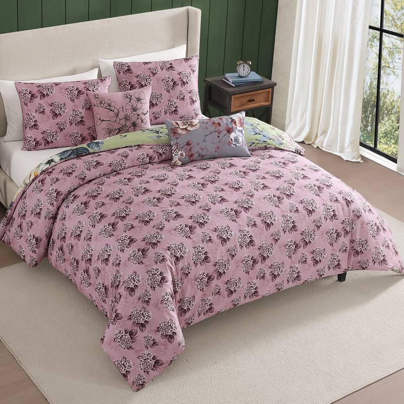 Bebejan Lilac Cascade on Olive 100% Cotton Sateen 5 Piece Reversible Comforter Set