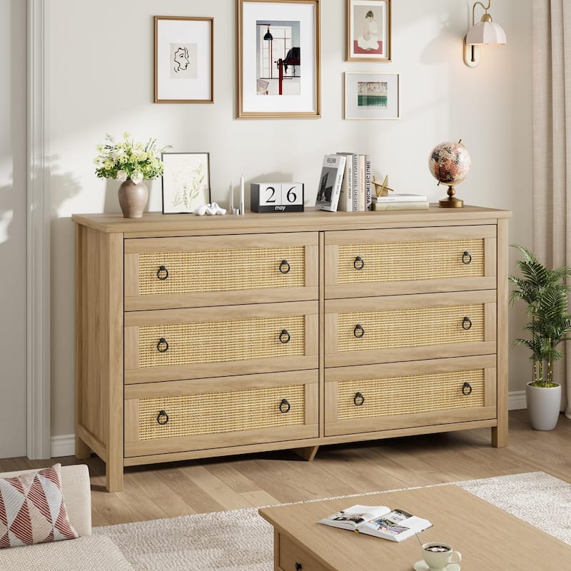 Boho Wide Drawer Dresser with Storage, Wooden Closet Dressers Chest of Drawers Freestanding for Bedroom - Natural - 6-drawer