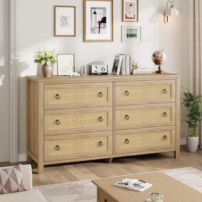 Boho Wide Drawer Dresser with Storage, Wooden Closet Dressers Chest of Drawers Freestanding for Bedroom