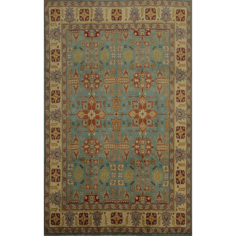 Hand Knotted Oriental 100% Wool Carpet Traditional Geometric Navy Blue & Blues Kazak Area Rug - 11' 11'' X 8' 11''