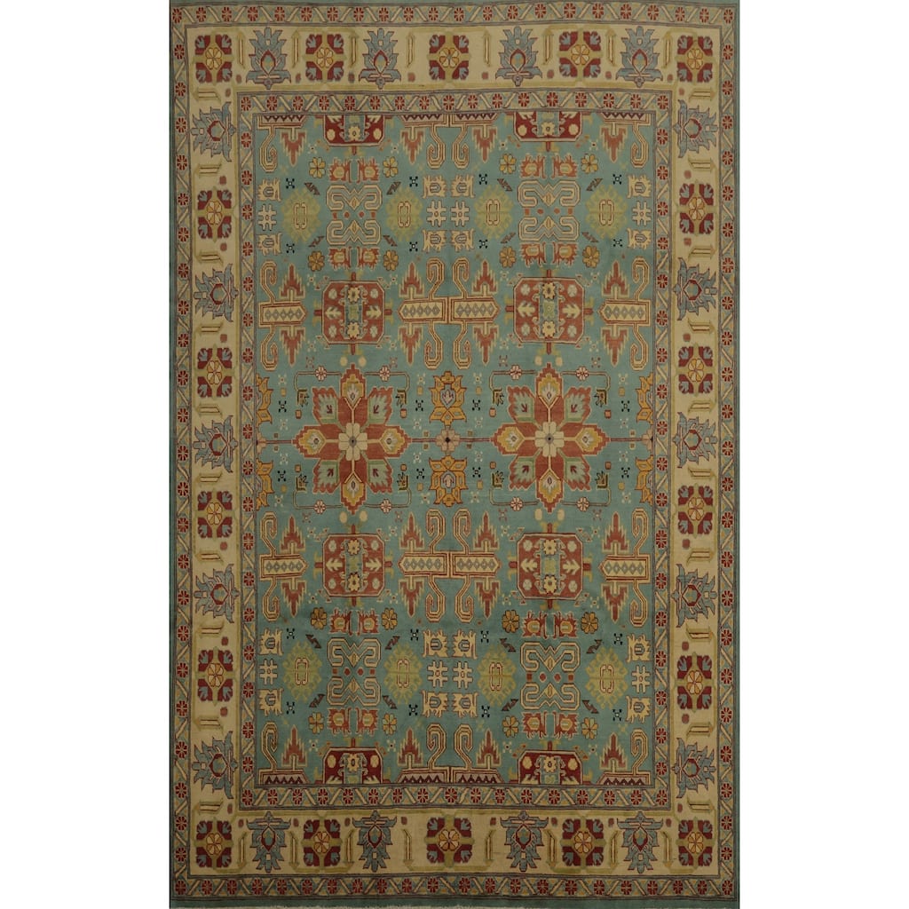 Hand Knotted Oriental 100% Wool Carpet Traditional Geometric Navy Blue & Blues Kazak Area Rug - 11' 11'' X 8' 11''