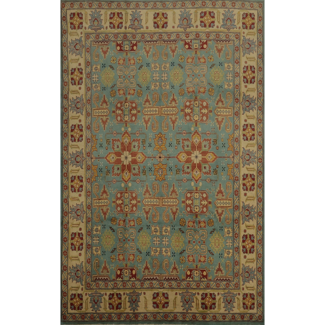 Hand Knotted Oriental 100% Wool Carpet Traditional Geometric Navy Blue & Blues Kazak Area Rug - 11' 11'' X 8' 11''
