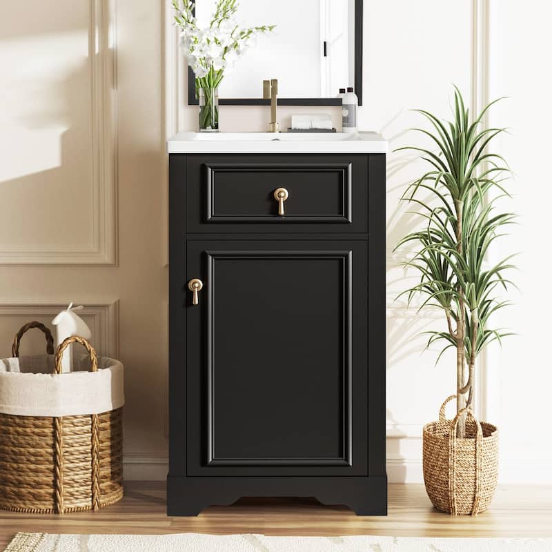 20-Inch Bathroom Vanity with Ceramic Sink,Door-Mounted Storage Rack - Black