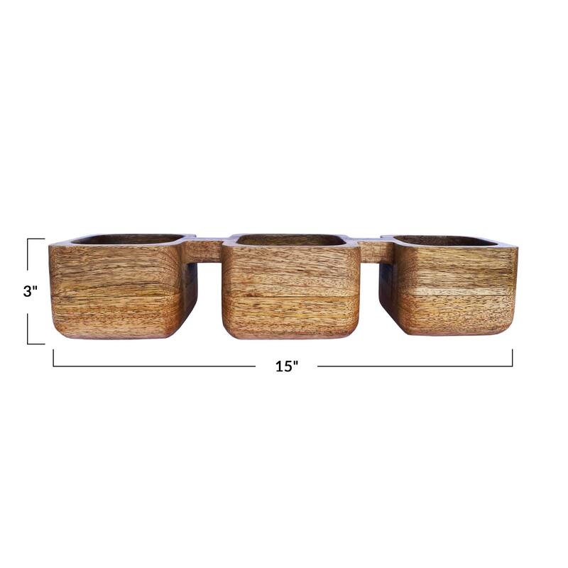 Mango Wood Dish with 3 Sections - 15.0"L x 4.5"W x 3.0"H - 15.0"L x 4.5"W x 3.0"H
