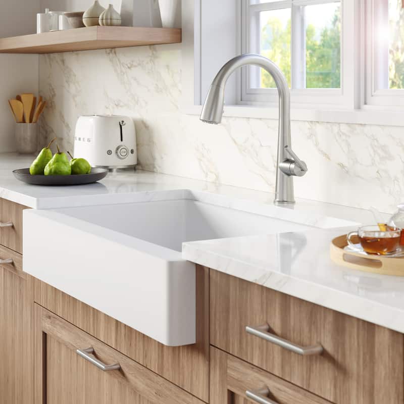 Karran Retrofit Farmhouse Quartz 34 in. Double Bowl 50/50 Sink Kit
