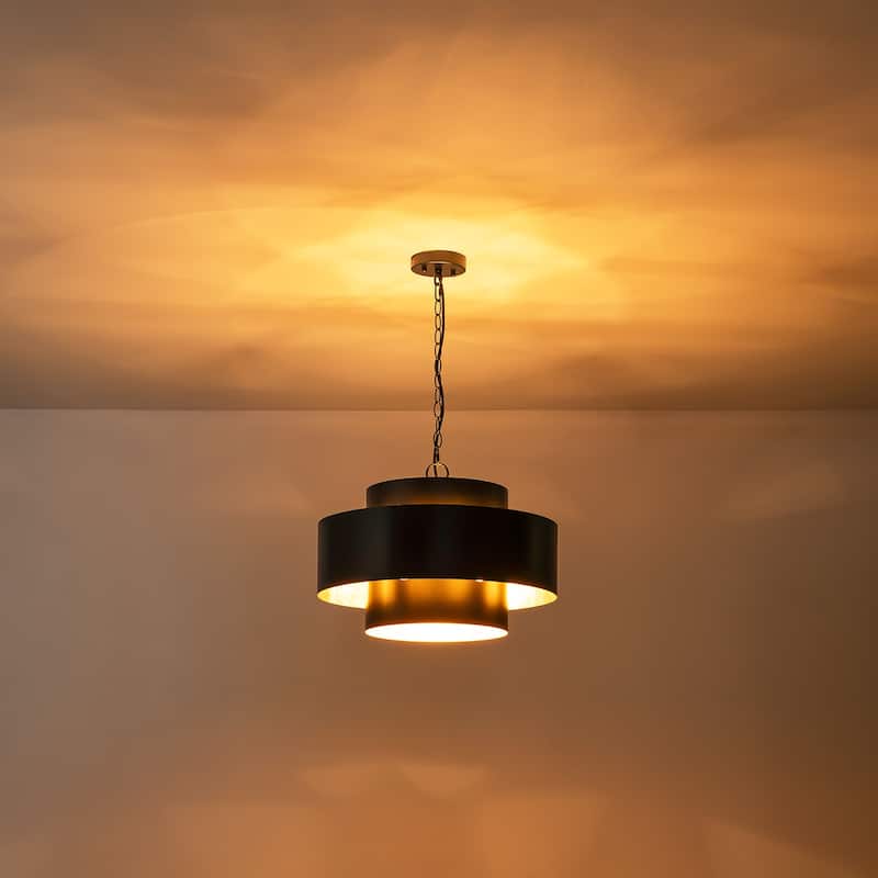 7-Light Modern Vintage Black Oversized Gold Leaf Drum Pendant Light/Kitchen Island Lighting - 19.6 in. W x 11.8 in. H