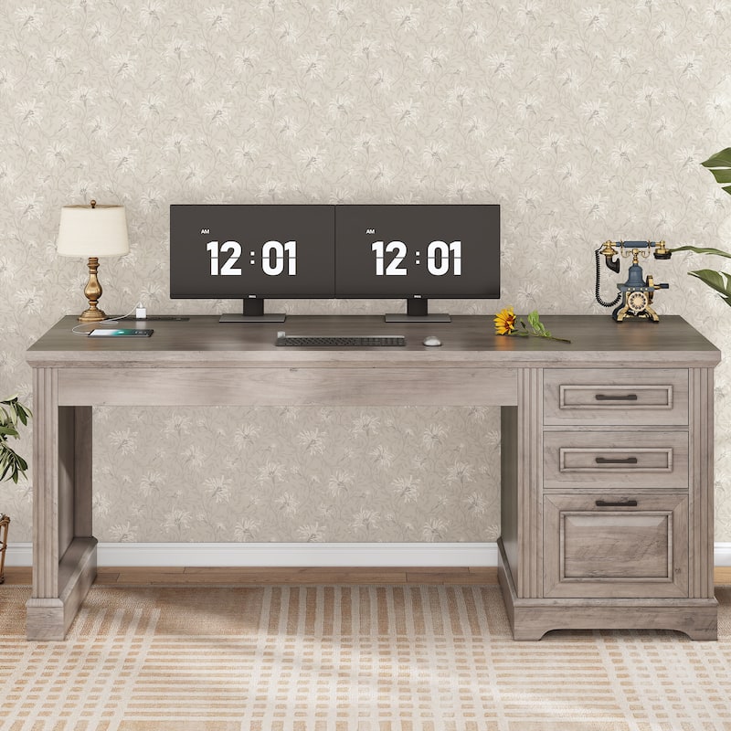 Farmhouse Executive Desk Home Office Desk File Drawer Monitor Stand Power Outlet