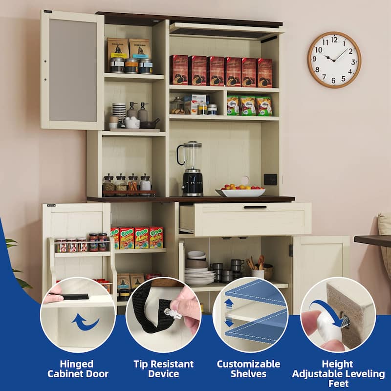 Moasis Farmhouse Kitchen Food Pantry Cabinet Kitchen Storage Cabinet with Adjustable Shelve And Built-In Charge Station