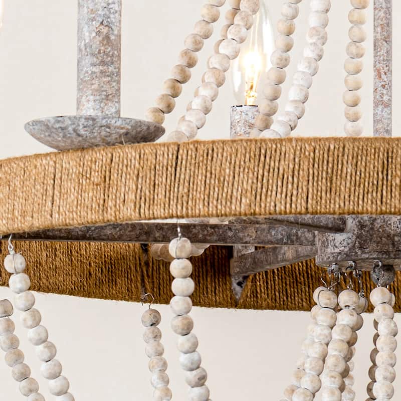 Bohemian 6-Light Wood Beaded Wheel Candle Chandelier - 21.7-in W x 22.7-in H