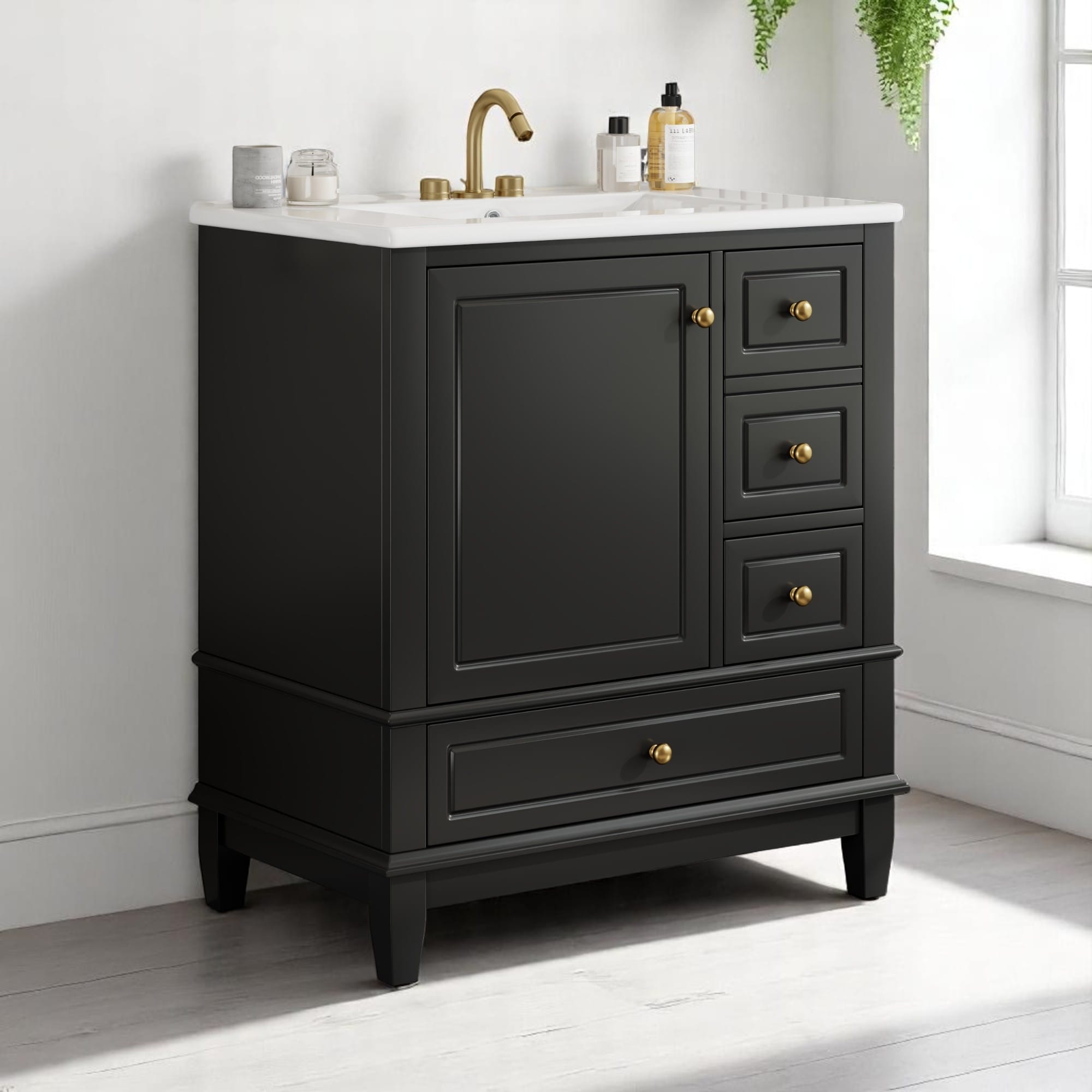 30" Freestanding Bathroom Vanity with Sink, One Door Cabinet and 3 Drawers, Solid Wood Frame & MDF Board
