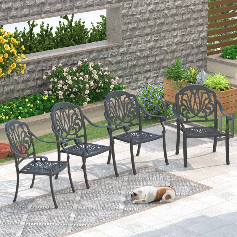 Stacking Patio Dining Armchair with Brown Cushion (Set of 4)