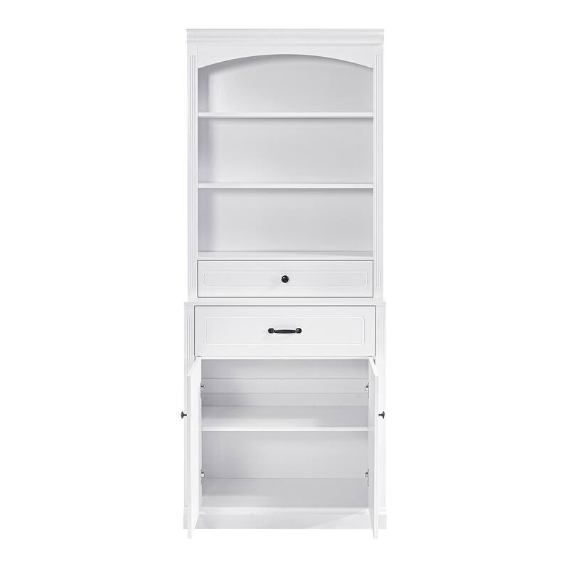White Bathroom Storage Cabinet with Four Doors, Drawers, Adjustable Shelf & Six Open Shelves - Durable MDF Construction, Combo