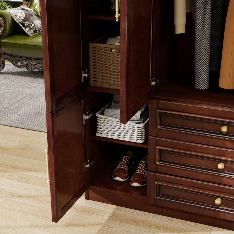 100% Solid Wood Walnut Armoire Wardrobe Closet with 3 Drawers and Hanging Rod, Farmhouse Style Wardrobe Closet with 3 Doors