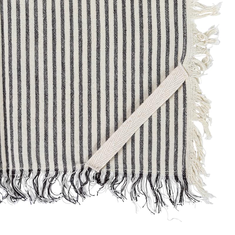 Woven Cotton Tea Towel with Stripes and Fringe - 28.0"L x 18.0"W x 0.3"H - 28.0"L x 18.0"W x 0.3"H