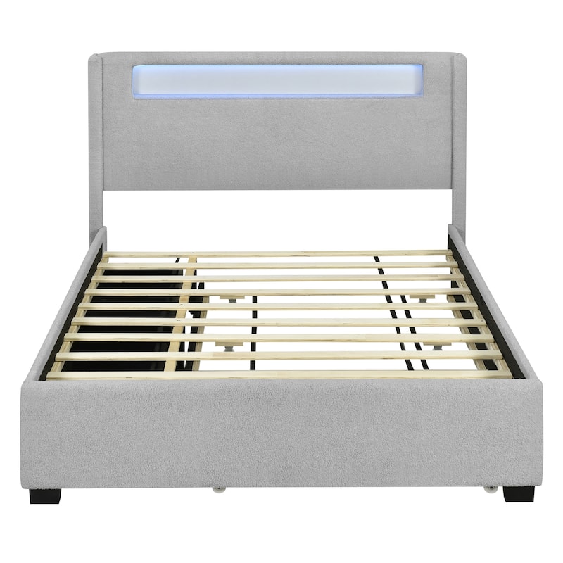 HomeRoots Light Gray Tufted Boucle Lighted Queen Bed Frame With Trundle And USB And Drawers