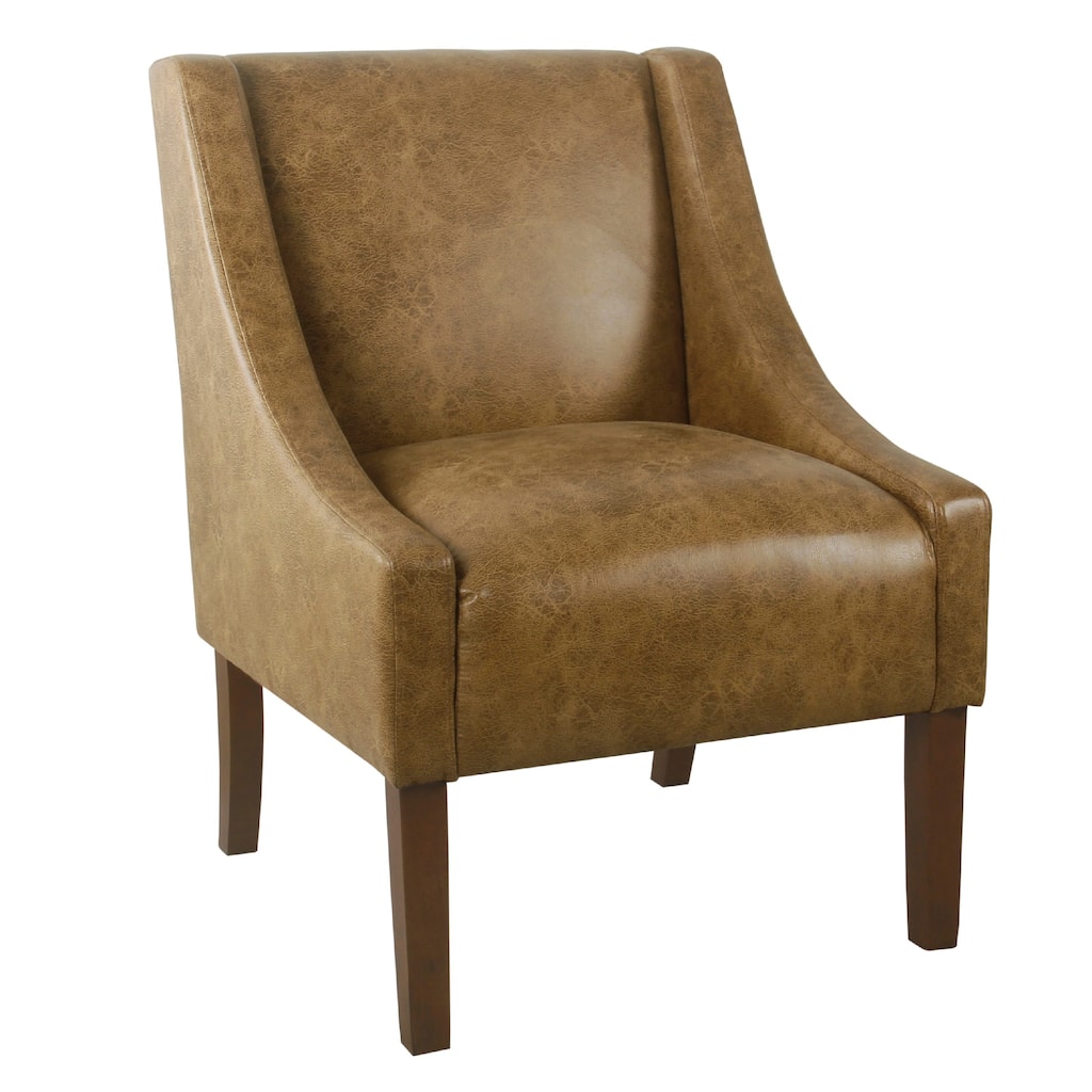 Accent Chair, Distressed Brown Faux Leather with Sloped Arms