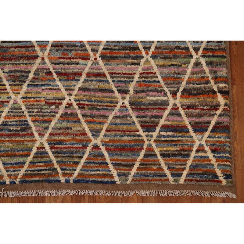 Hand Knotted Oriental 100% Wool Carpet Tribal Trellis Multi-Colored Moroccan Area Rug - 9' 10'' X 6' 5''
