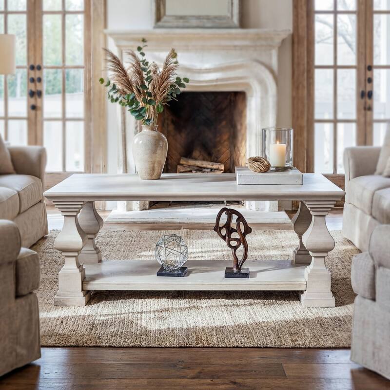 Solid Wood Coffee Table with Storage Shelf, White Washed Rustic Living Room Center Table