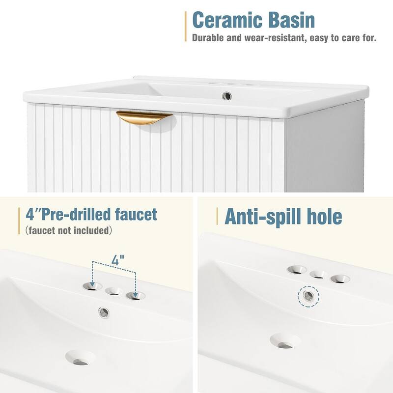 24” Modern Wall Mounted Bathroom Vanity with Ceramic Sink and 2 Drawers