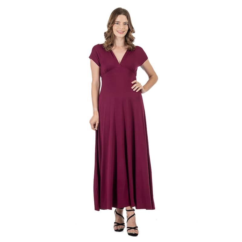 24seven Comfort Apparel Womens Cap Sleeve V Neck Maxi Dress - Red - M
