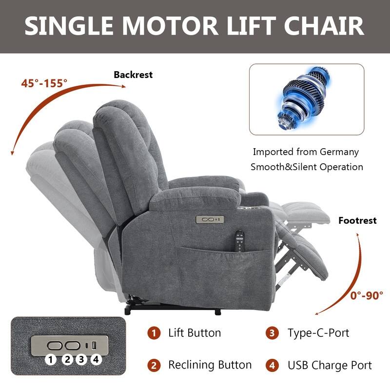 Large Power Lift Recliner with Massage & Heat - Heavy Duty Wide Recliner Chair for Elderly, USB/Type-C Charging, Cup Holders