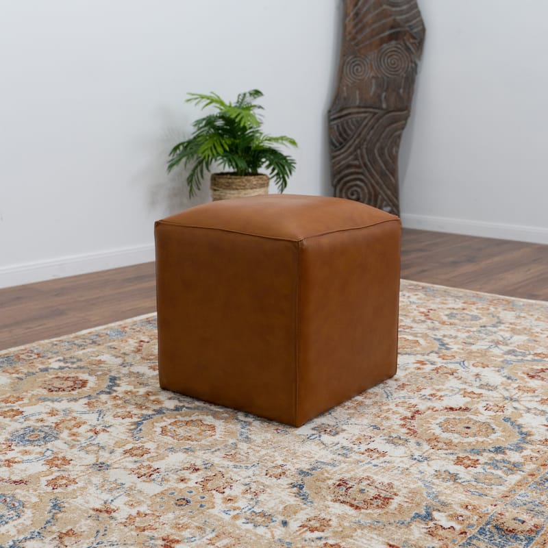 Silvana Mid-Century Design Square Genuine Leather Ottoman in Tan