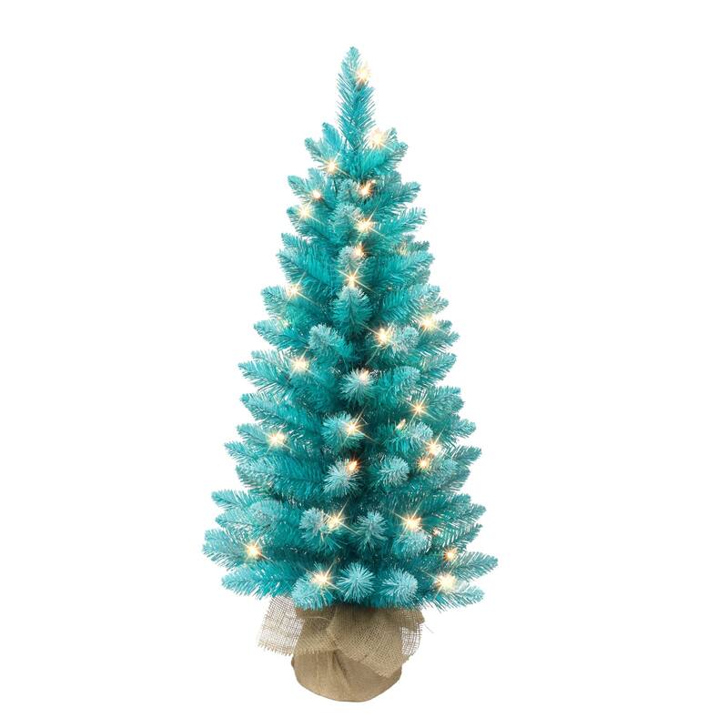 Pre-lit Artificial Teal Pine Christmas Tree with Tan Sac - 3’ - Clear Lights - 3 Foot