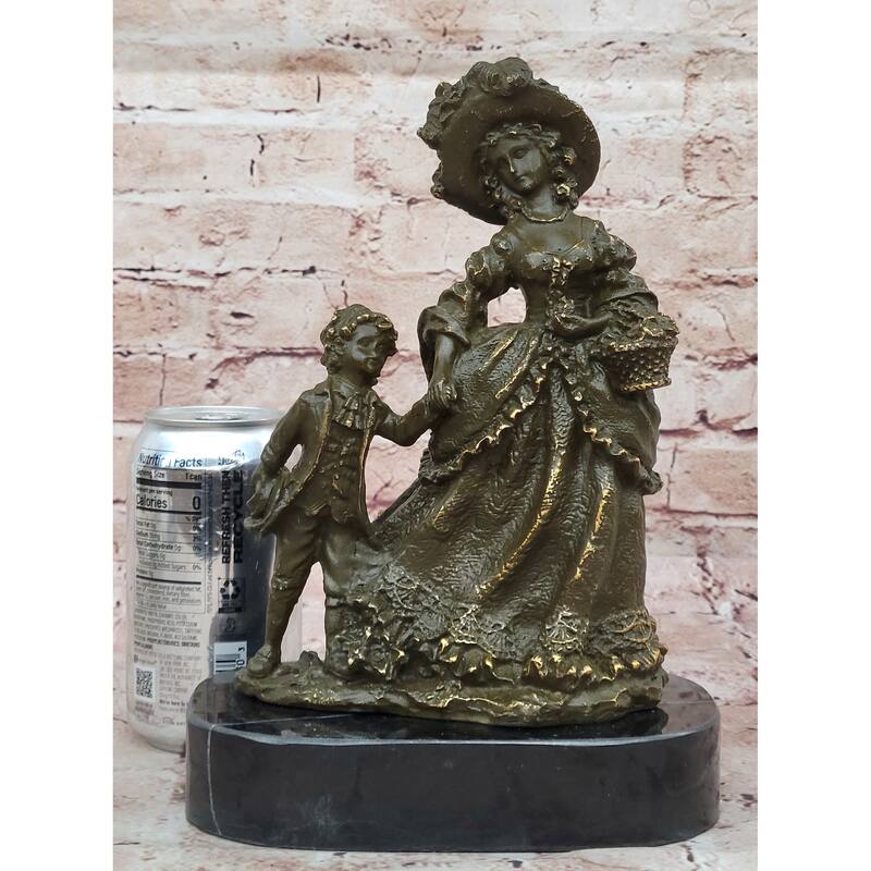 Bronze Victorian Lady And Boy Sculpture On Marble Base