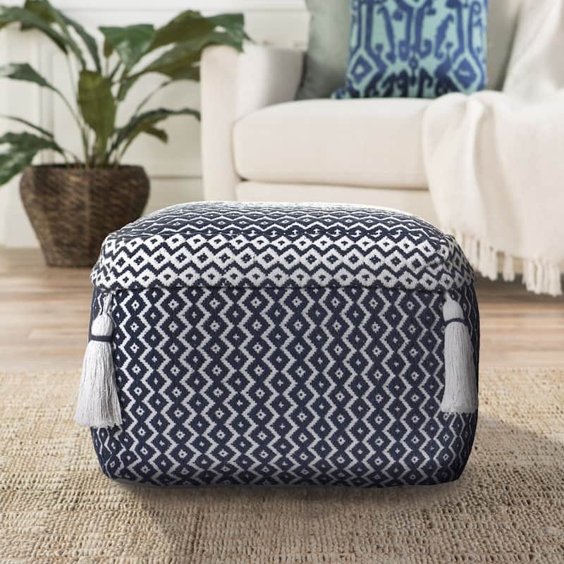 Blue Cotton Pouf Ottoman 18 Inch Geometric Pattern Seat or Footrest