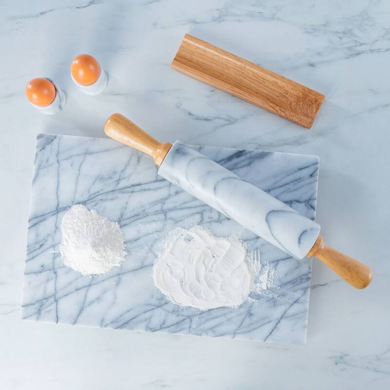 Creative Home Gray Marble 18" Length Rolling Pin w/Deluxe Wood Handles and Cradle
